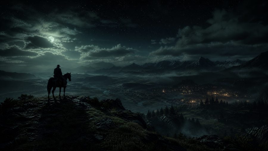 A lone rider silhouetted on a ridge above a moonlit valley with distant settlement lights