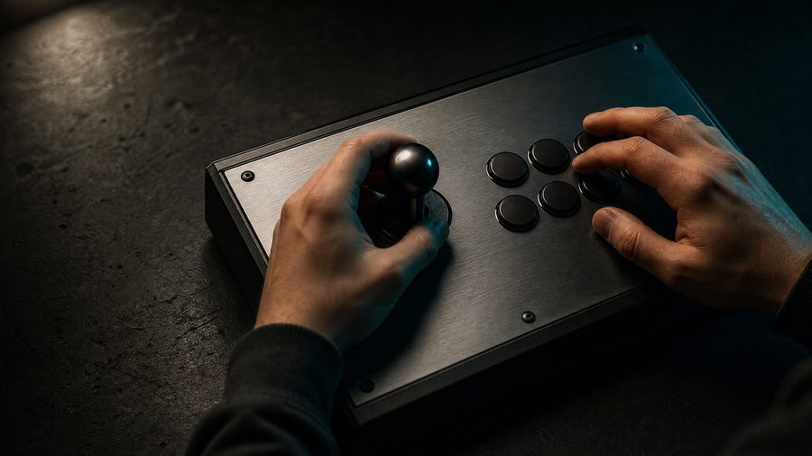 Hands resting on a metal arcade fight stick with a ball-top lever and blank buttons under a single lamp