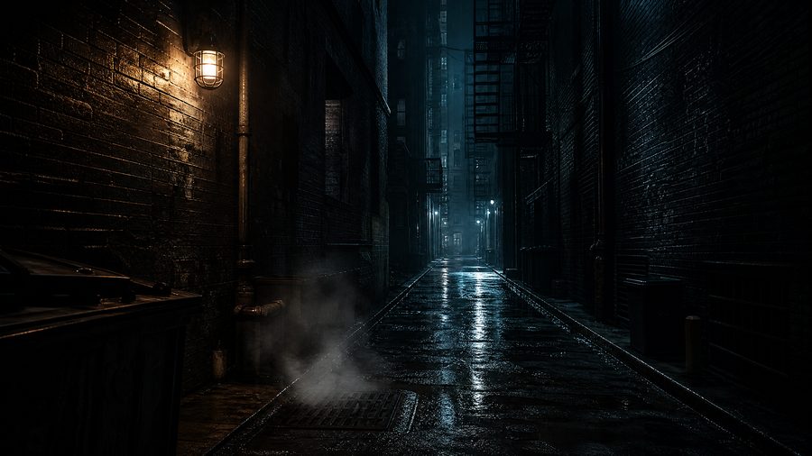 A rain-slick alley at night between brick buildings with a single caged wall lamp and steam from a grate