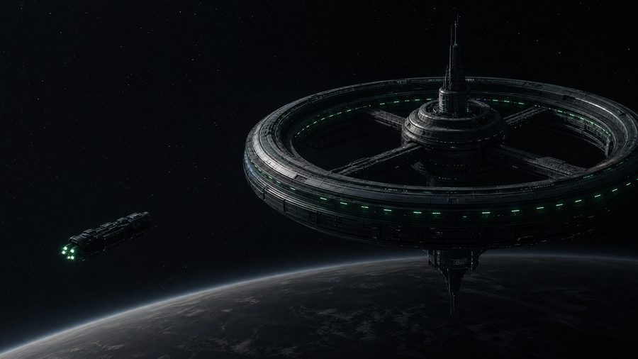 A vast ringed orbital station against a starfield with a small freighter approaching