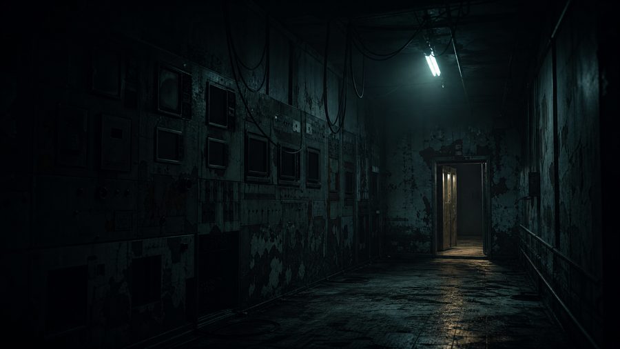 A dim corridor in an abandoned facility with peeling paint and a flickering ceiling tube light