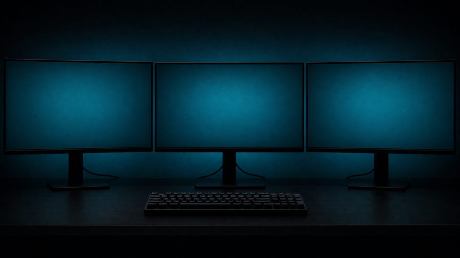 Three identical thin monitors side by side in a dark room showing plain teal gradients